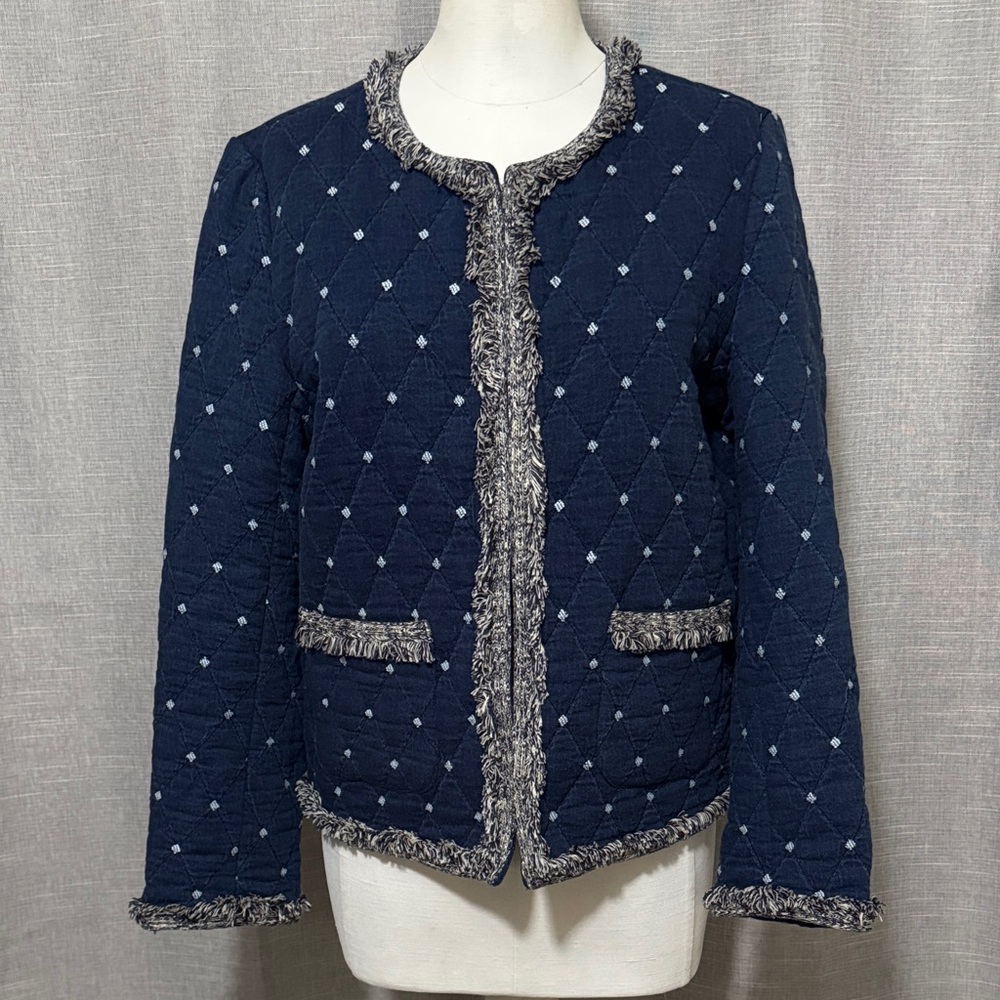 NWOT-J McLaughlin Quilted Denim Jacket-Sz S-Eyehook Closure-Fringed Trim Detail